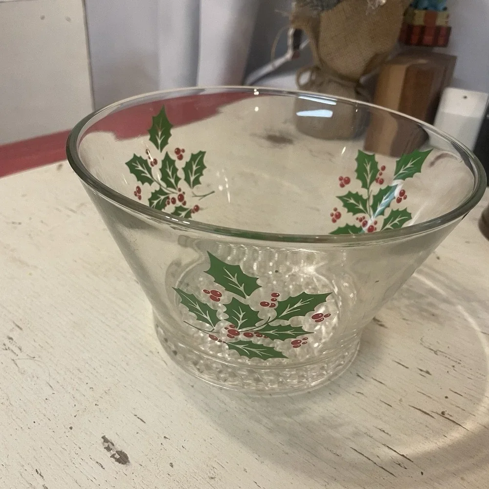 Vtg Indiana Glass Ice Bucket Clear Serving Bowl Holly Berry Christmas 7